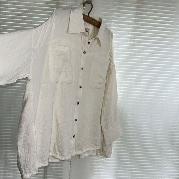 free people SML Cardiff Drop Sleeve Button Front Oversized High Low Shirt - Picture 10 of 11